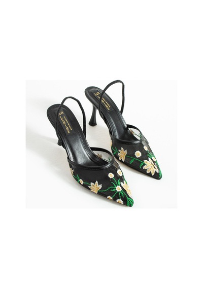 Lebibe Shoes Daısy Çiçek İşlemeli Tül Dokulu 7cm Bantlı Siyah Topuklu Ayakkabı