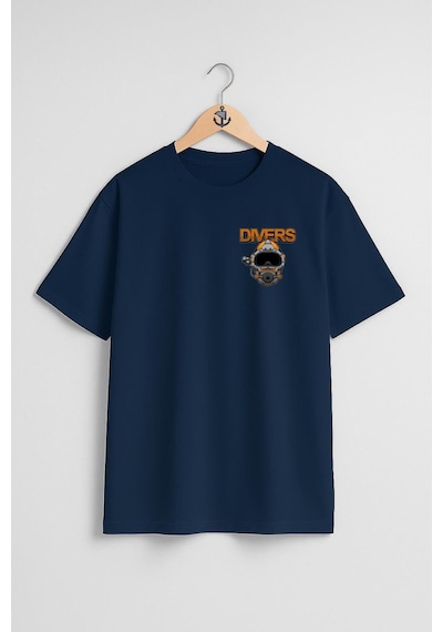 Oversize Divers Dalgıç Başlığı Cep Tasarımlı Unisex T-shirt Lacivert