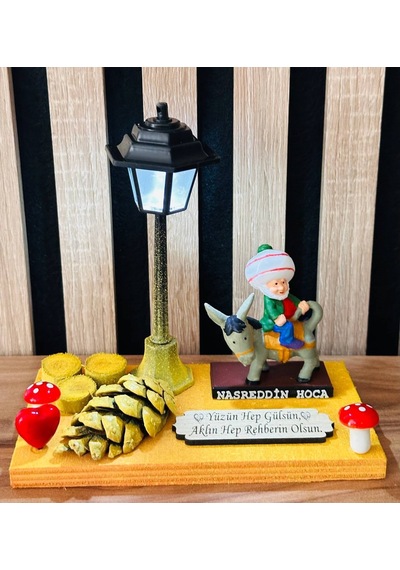 Dekoratif Nasreddin Hoca Biblosu Işıklı Ahşap Standlı El Yapımı Nostaljik Hediye