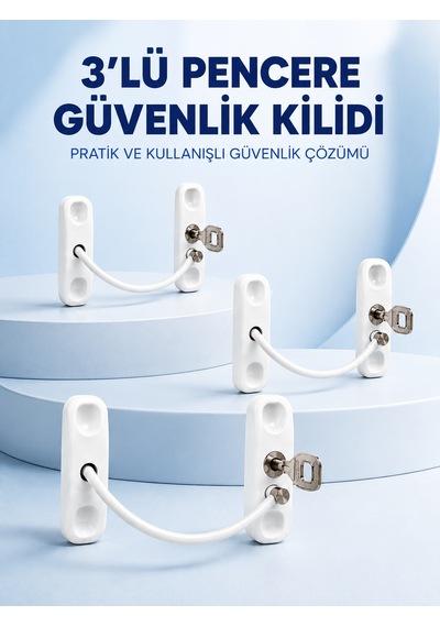 3 Adet Pencere Güvenlik Kilidi Esnek Bağlantılı Anahtarlı Koruma Seti