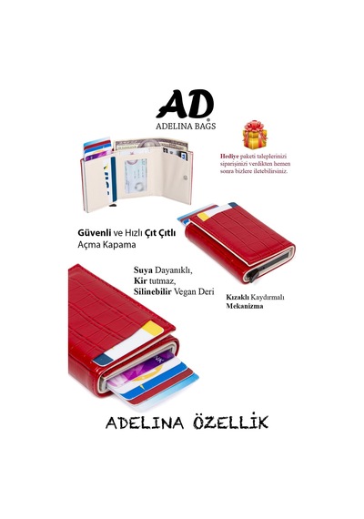 Adelina Bags Adelina Kırmızı Timsah Desenli Mekanizmalı Otomatik Kızaklı Kartl Pudra
