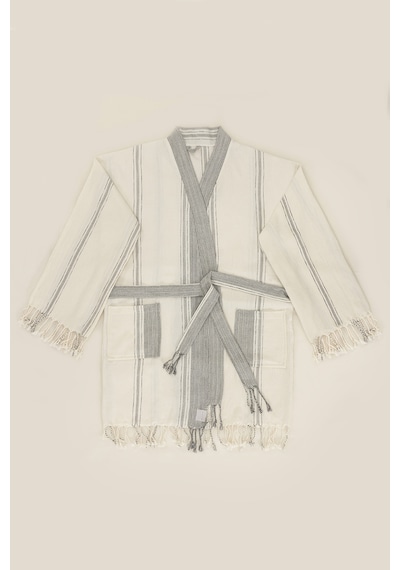 Raw Pamuk Yarasa Kol Natural Çizgili Kimono S-m 1516a Krem