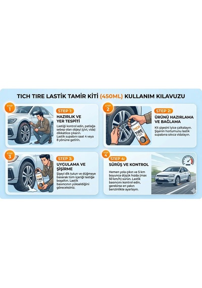 Tich Tire Lastik Tamir Kiti Spreyi 450 Ml - Oto Lastik Şişirici Ve Kapatıcı Jel