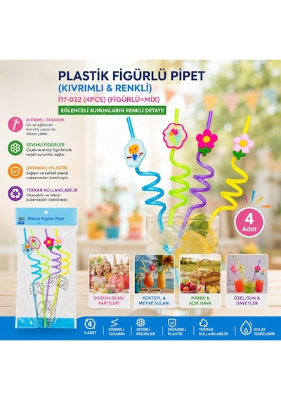 Kıvrımlı Renkli Plastik Pipet - Figürlü Tasarım - 4'lü Paket Diğer
