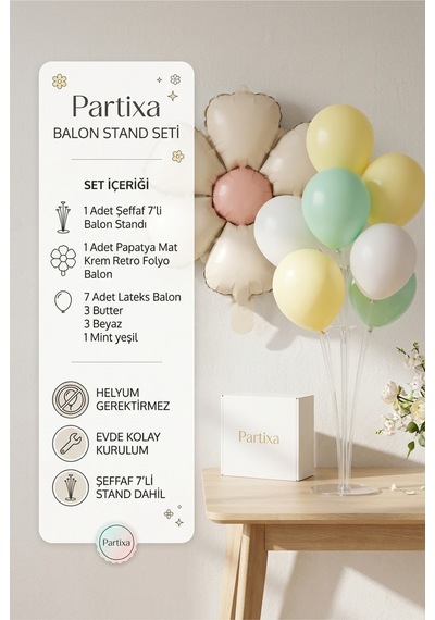 Papatya Mat Krem Retro Balon Stand Seti Şeffaf 7 Li Stand + Papatya Folyo Balon + 7 Lateks Balon