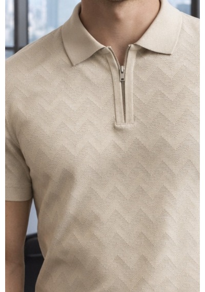 Erkek Slim Fit Fermuarlı Polo Yaka Triko Tişört Bej