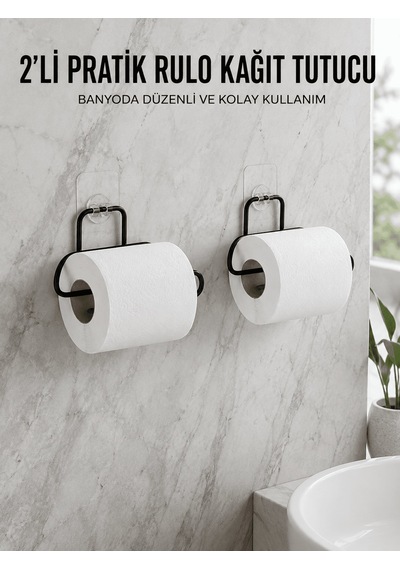 2 Adet Siyah Yapışkanlı Kağıtlık Duvar Tipi Tuvalet Kağıdı Ve Rulo Tutucu Açık Mavi