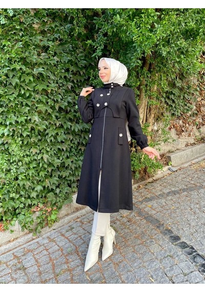Ara Boy Önü Düğmeli İthal Kaşe Kaban / M0111 - Siyah Siyah