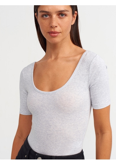 Dilvin Kısa Kollu Bodysuit Gri Melanj