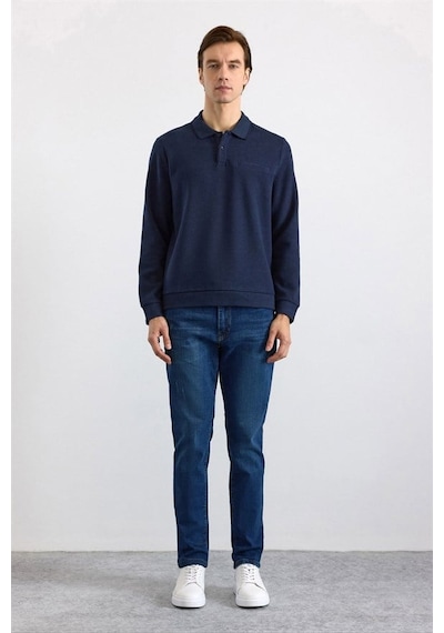 Süvari Lacivert Regular Düz Polo Yaka Sweatshirt Ssw2013700002-m09