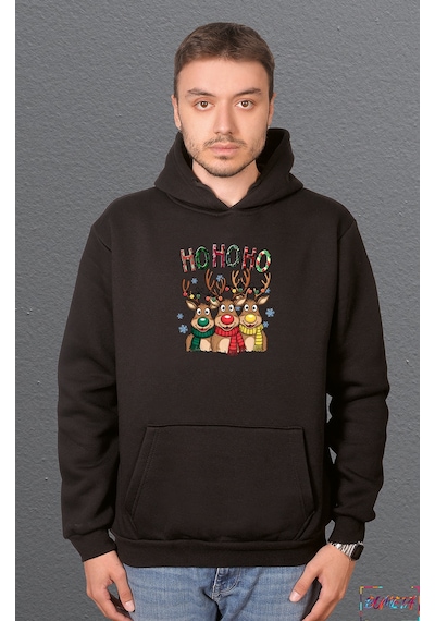 Bumeta Ho Ho Ho Noel Geyiği Yılbaşı Sweatshirt Unisex Kapüşonlu Hoodie Siyah