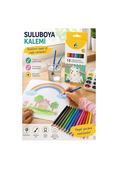 Aquarel Suluboya Kalemi 12 Renk 1 Paket Adel Karton Kutu Sulu Boya Kalemi 12 Li Fırça Hediyeli Sanatsal Kaliteli Çok Renkli