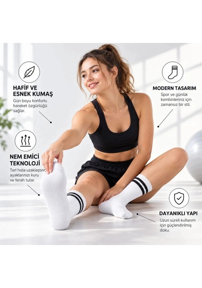 Biçomi Kaymayan, Nefes Alan Çift Çizgili Kolej Stil Unisex Pamuklu Uzun Soket Çorap 12 Li Avantaj Paketi Beyaz