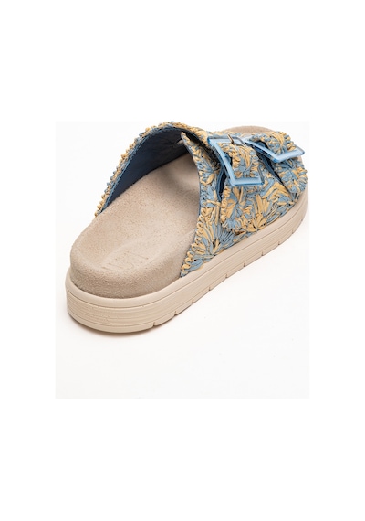 Luvishoes Luvi Shoes Mılana Mavi Desenli Hakiki Deri Tokalı Çift Bantlı Kadın Terlik Mavi