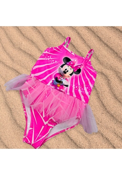 Lolliboomkids Kız Çocuk Balerin Mickey Kalp Kolye Baskılı Mayo Uçuk Pembe Renk Tül Tütü Detaylı Son Sezon Pembe