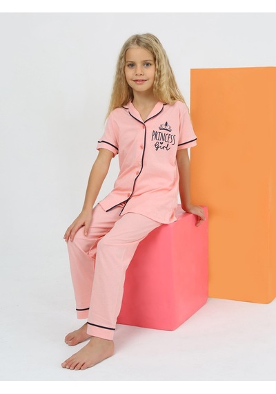 Kız Çocuk Kısa Kollu %100 Pamuklu Düğmeli Pijama Takımı Princess Pembe
