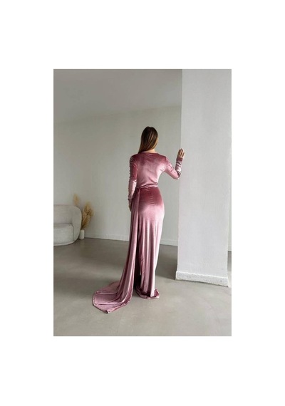 DefyModa Kadın Özgün Tasarım Esnek Kadife Kumaş Kruvaze Yaka Kuyruklu Abiye Elbise Gülkurusu DefyModa Kadın Özgün Tasarım Esnek Kadife Kumaş Kruvaze Yaka Kuyruklu Abiye Elbise Gülkurusu