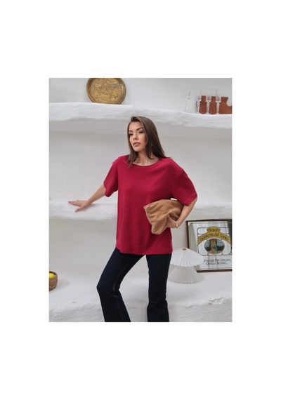 Paw Garage Kadın Mia İnterlok Kumaş Bisiklet Yaka Oversize T-shirt Bordo