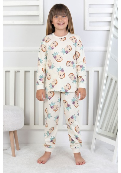 Cute Ananas Desenli Kız Çocuk Pijama Takımı Ekru