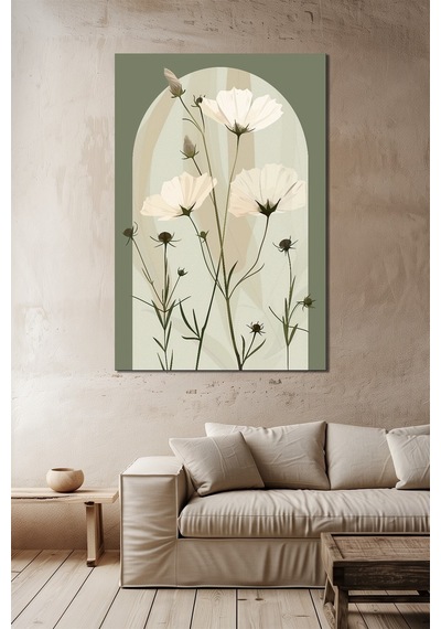 Minimalist Çiçek Baskılı Cam Tablo Yeşil Zemin Beyaz Çiçek Desenli Modern Dekor