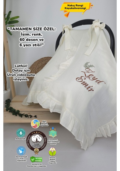 Gros Shop Müslin Yeni Doğan 4katlı Organik %100pamuk Kişiye Özgü Nakışlı Hastane Çıkış Seti İkili Dal Model-5 Ekru-3