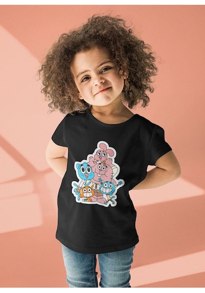 Sevbano Gumball Karakterler Baskılı Unisex Çizgi Film Çocuk Tişört 1-12 Siyah