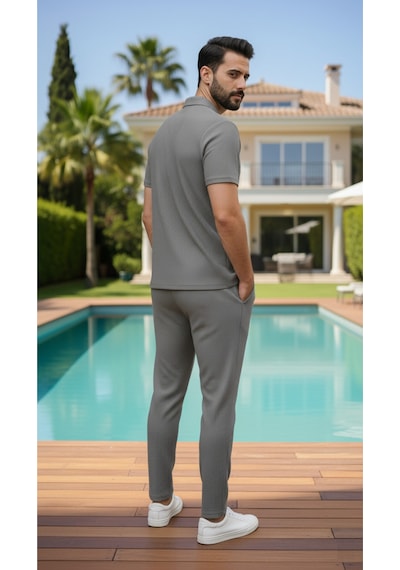Fifty Color Unisex Trend Bürümcük Krinkıl Kumaş Yazlık Likralı Kısa Kol Tişört Eşofman Takım Gri