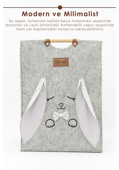 Keçe Çocuk Oyuncak/kirli Çamaşır Depolama Sepeti, Çok Amaçlı Saklama Sepeti, Morbunny Serisi Gri