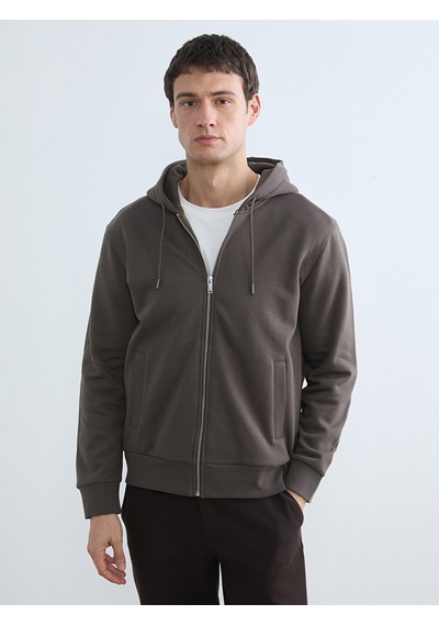Lcw Vision Kahverengi Kapüşonlu Standard Fit Erkek Fermuarlı Sweatshirt