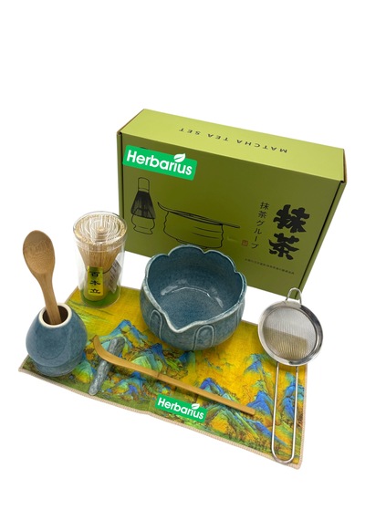 Herbarius 8 Parça Lotus Desenli Çiçek Formlu Benekli Turkuaz Mavisi Renk Matcha Çayı Hazırlama Seti - Geleneksel Japon Matcha Seti