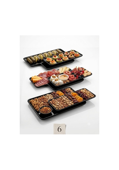6 Adet 16x33 Cm Melamin Baton Servis Sunum Tabağı Makinede Yıkanabilir Dikdörtgen Siyah Siyah