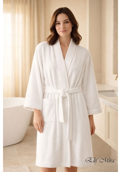 Kimono Yaka Unisex Tek Kişilik Pamuklu Banyo Bornozu Comfort Beyaz
