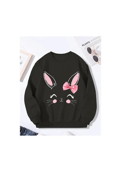 Herkesemoda Sevimli Tavşan Baskı Detaylı Bisiklet Yaka İçi Polarlı Sweatshirt Siyah