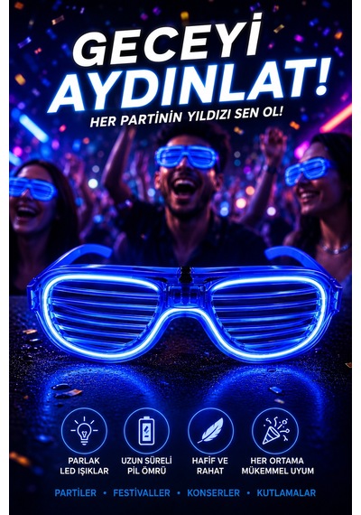 Panjur Parti Gözlüğü Led Işıklı Mavi Lüks Neon Çerçeveli Festival Kostüm Aksesuarı