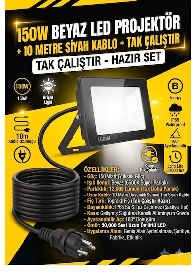 10 Metre Kablolu 150 Watt Seyyar Led Projektör Aydınlatma. Seyyar Aydınlatma Su Geçirmez Dış Mekan Ip66,beyaz Çok Güçlü Işık