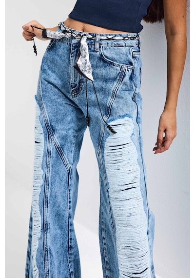 it's basic Kadın Mavi Flare Fit Altı Beslemeli Yırtık Ve Fular Detaylı Tasarım Denim Jean