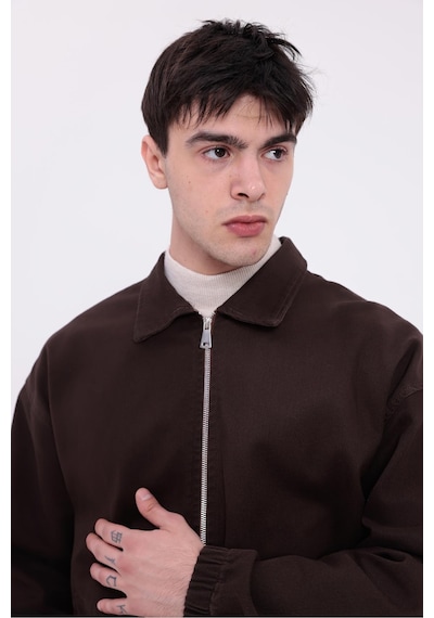 Erkek Gabardin Kumaş Fermuarlı Oversize Beli Lastikli Mevsimlik Ceket-265 Kiremit