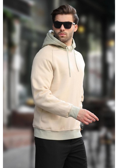 Madmext Bej Renk Bloklu Kapüşonlu Sweatshirt 7073 Bej