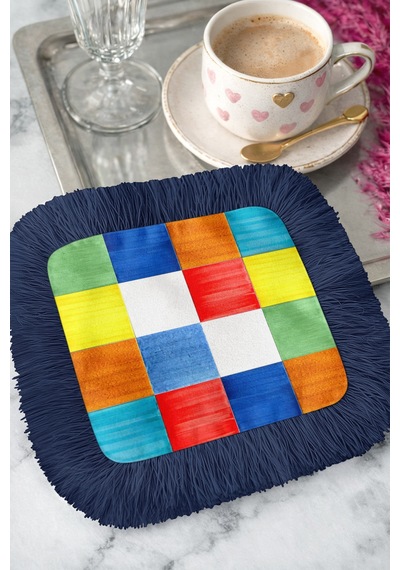 Renkli Patchwork Saçaklı Sunum Servis Altlığı Mendil - Modern Enerjik Lacivert Sunumluk Peçete Gün Batımı Krem
