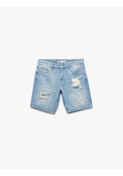Koton Pamuklu Yırtık Detaylı Bermuda Slim Fit Jean Şort Orta İndigo 5sam40005ıd İndigo
