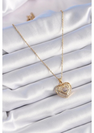 316l Çelik Gold Renk Zirkon Taşlı Kalp Model Vintage Kadın Kolye 5886 Çok Renkli