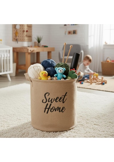 Lexroo "sweet Home" Yuvarlak Jüt Düzenleyici Sepet Krem Renk Katlanabilir Kumaş Kulplu Organizer