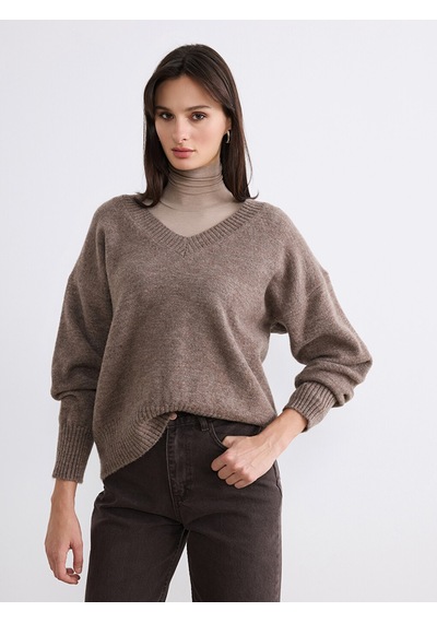 Lcw Vision Bej V Yaka Oversize Kadın Triko Kazak