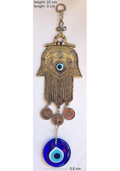 Fatma Eli - Hamsa Metal Duvar Süsü Cam Nazarlık Sallantılı 21x6cm
