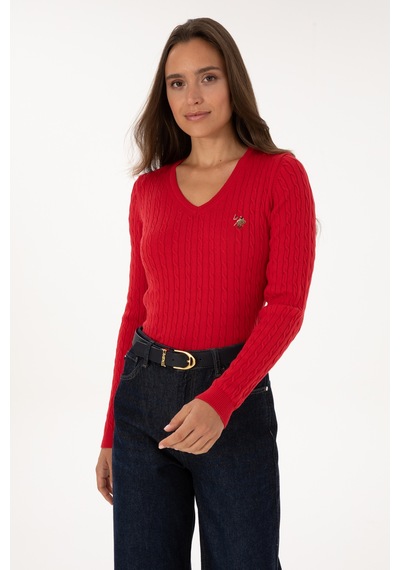 U.S. Polo Assn. Kadın Kırmızı V Yaka Basic Kazak 50307700-VR171