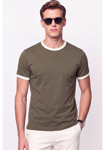 Efor Slim Fit Bisiklet Yaka Haki - Ekru Tişört Ts 932 Haki-ekru