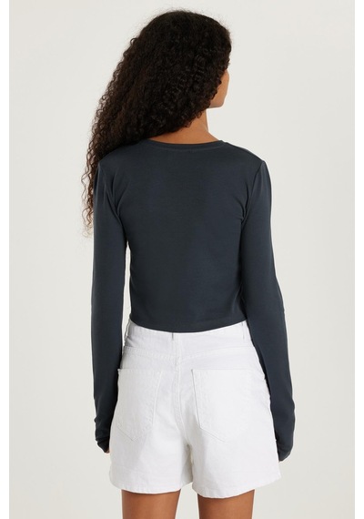 Tudors Kadın Slim Fit Dar Kesim Uzun Kollu Bisiklet Yaka Antrasit Bluz-34085 Antrasit