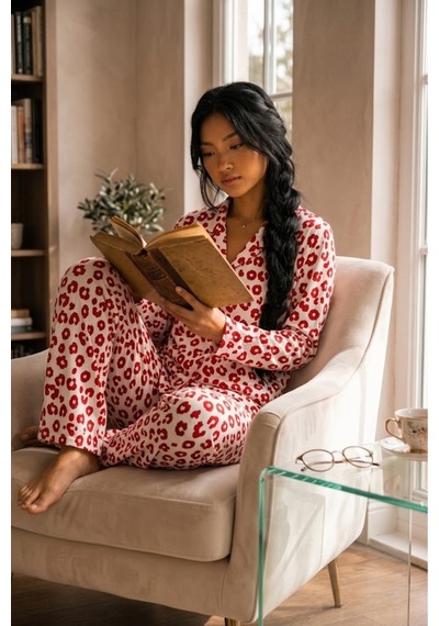 Fit Women Kadın Düğmeli Gömlek Yaka Ev Giyimi Kırmızı Pijama Takımı
