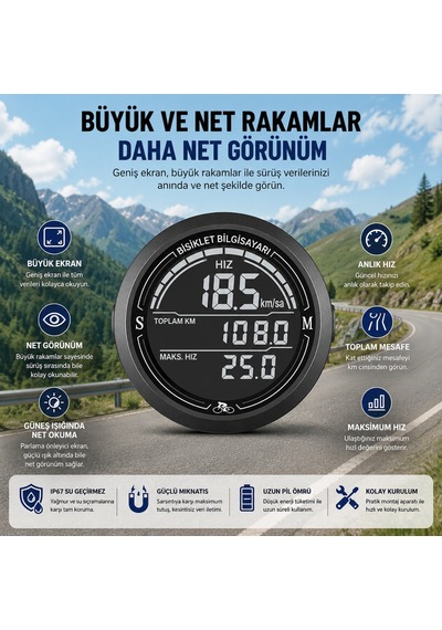 Triline Bisiklet Bilgisayarı Km Saati Hız Ve Mesafe Ölçer Su Geçirmez Ledli Lcd Ekranlı Kablolu Siyah