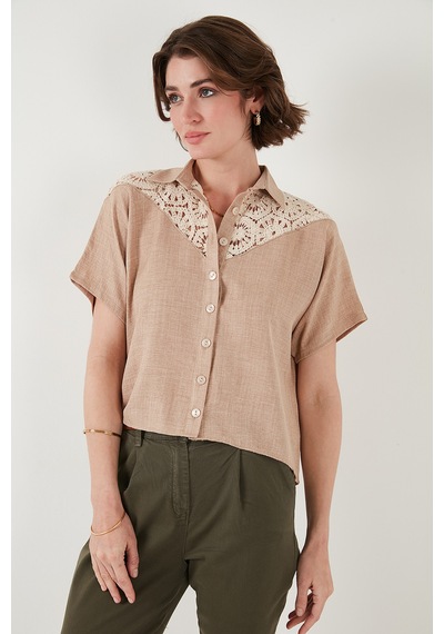 Lela Dantelli Relaxed Fit Kısa Kollu Bayan Gömlek 5865764 Taş
